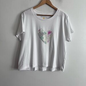 Kerri Rosenthal White Heart Print Cotton Distressed Short Sleeve Top